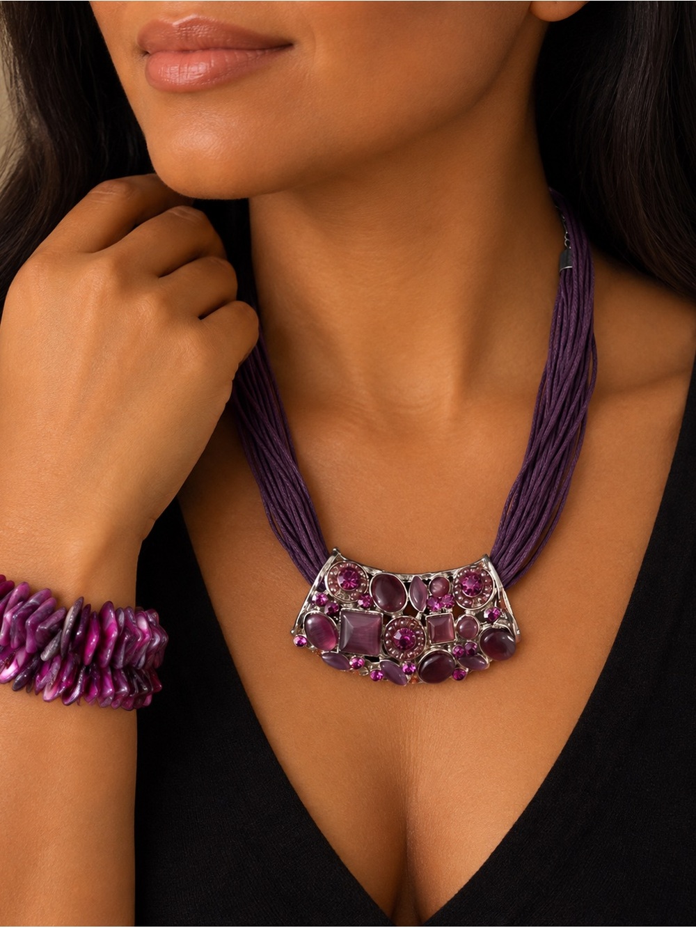 Elegant Purple Necklace and bangle with Gem Accents